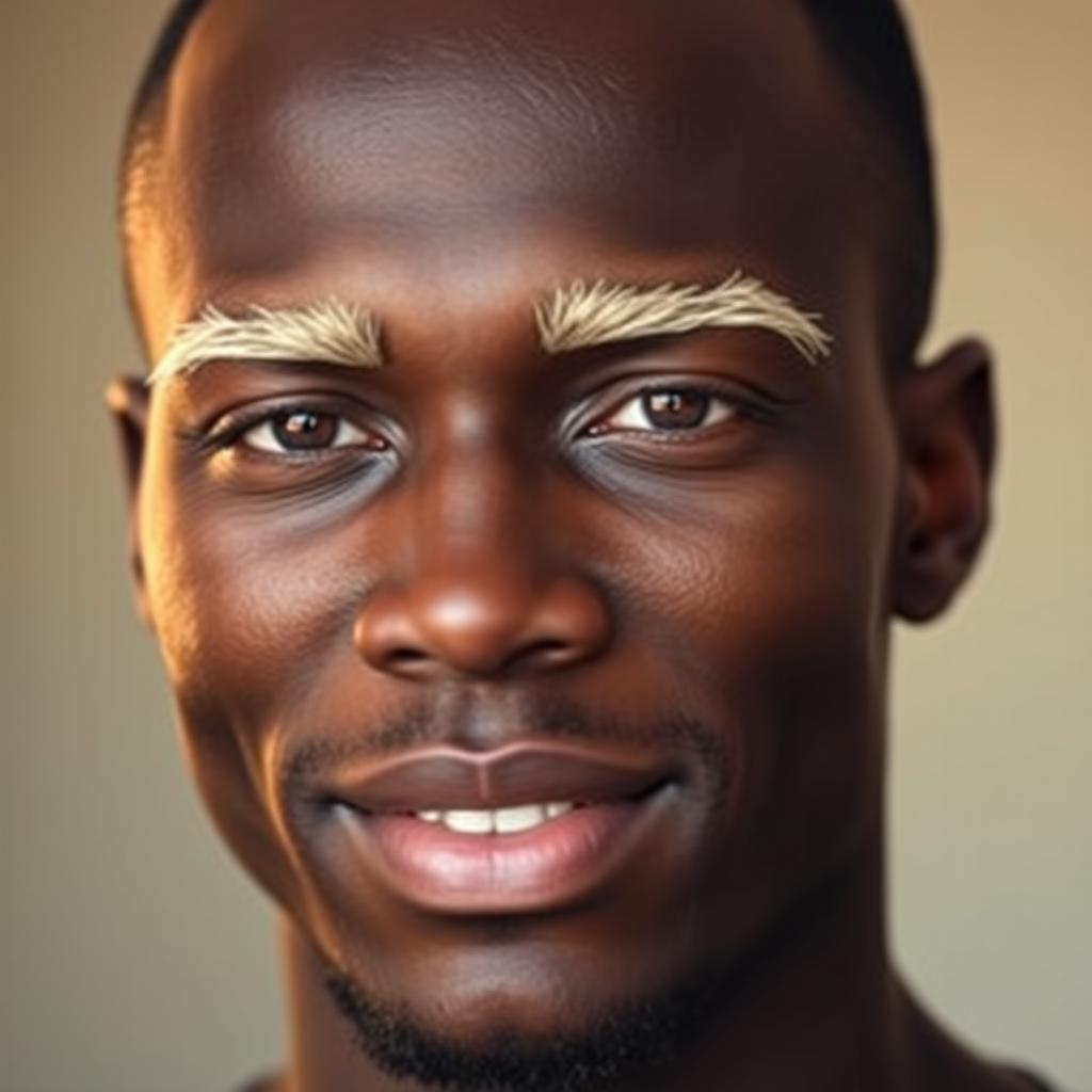 A stunning portrait of a dark-skinned man with striking blonde eyebrows, featuring a smooth bare face devoid of beard or mustache