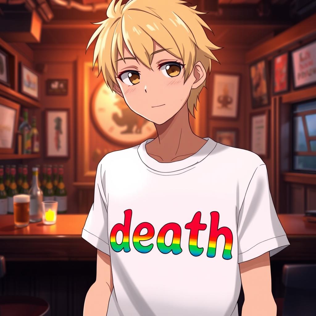 An anime-style illustration featuring a person wearing a white T-shirt with the word 'death' inscribed in rainbow colors