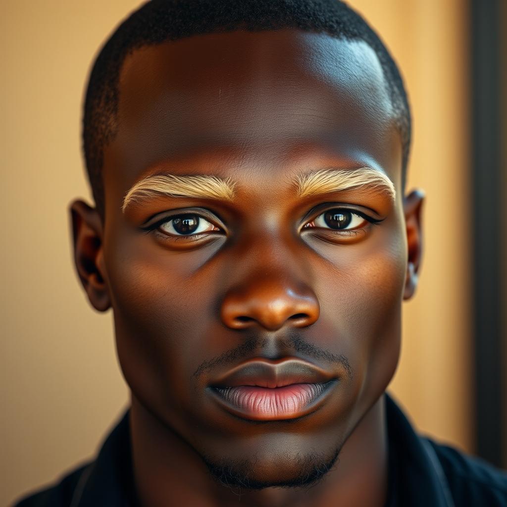 An engaging portrait of a dark-skinned man with striking blonde eyebrows, featuring a smooth bare face without any beard or mustache