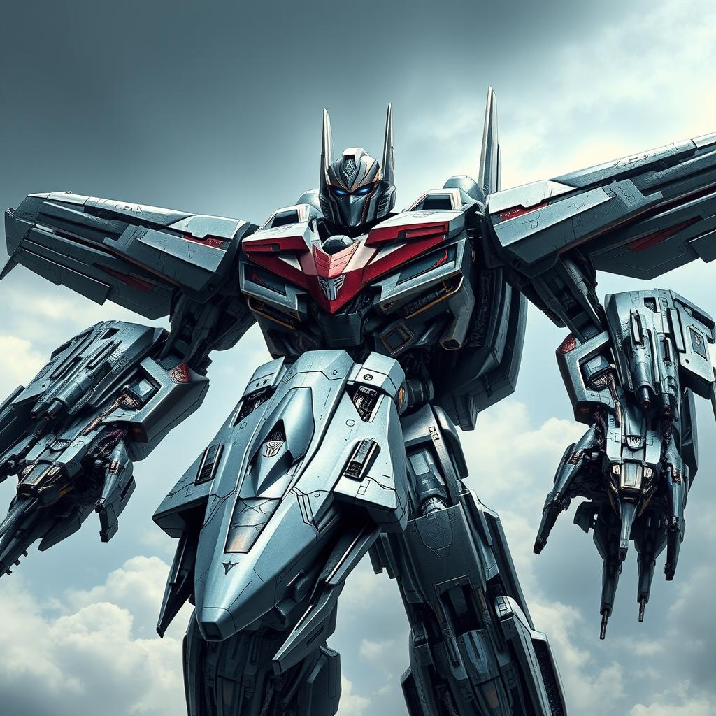 A realistic transformer in the form of a Decepticon, depicted as a futuristic military carrier plane