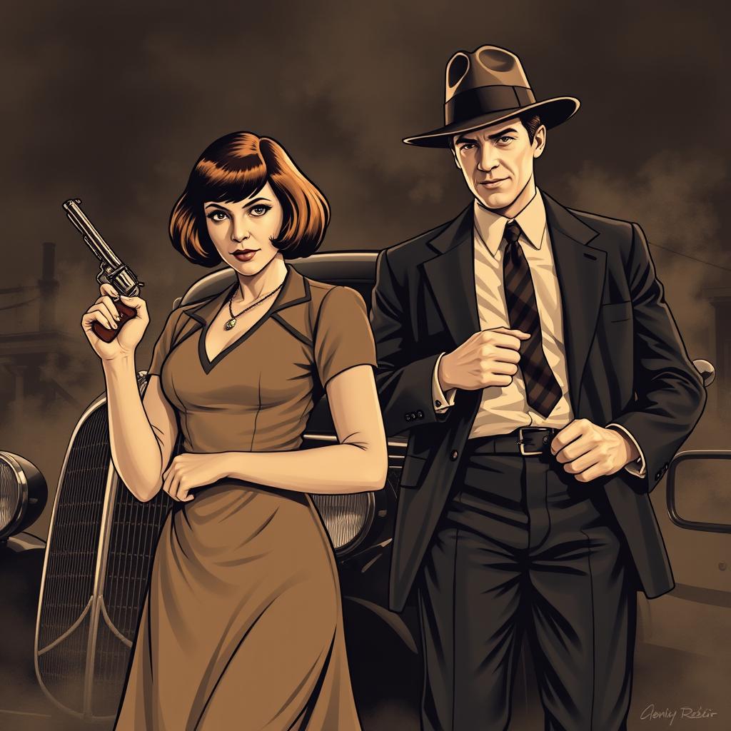 A stylized image of Bonnie and Clyde, the infamous criminal couple from the 1930s, depicted in a vintage noir theme