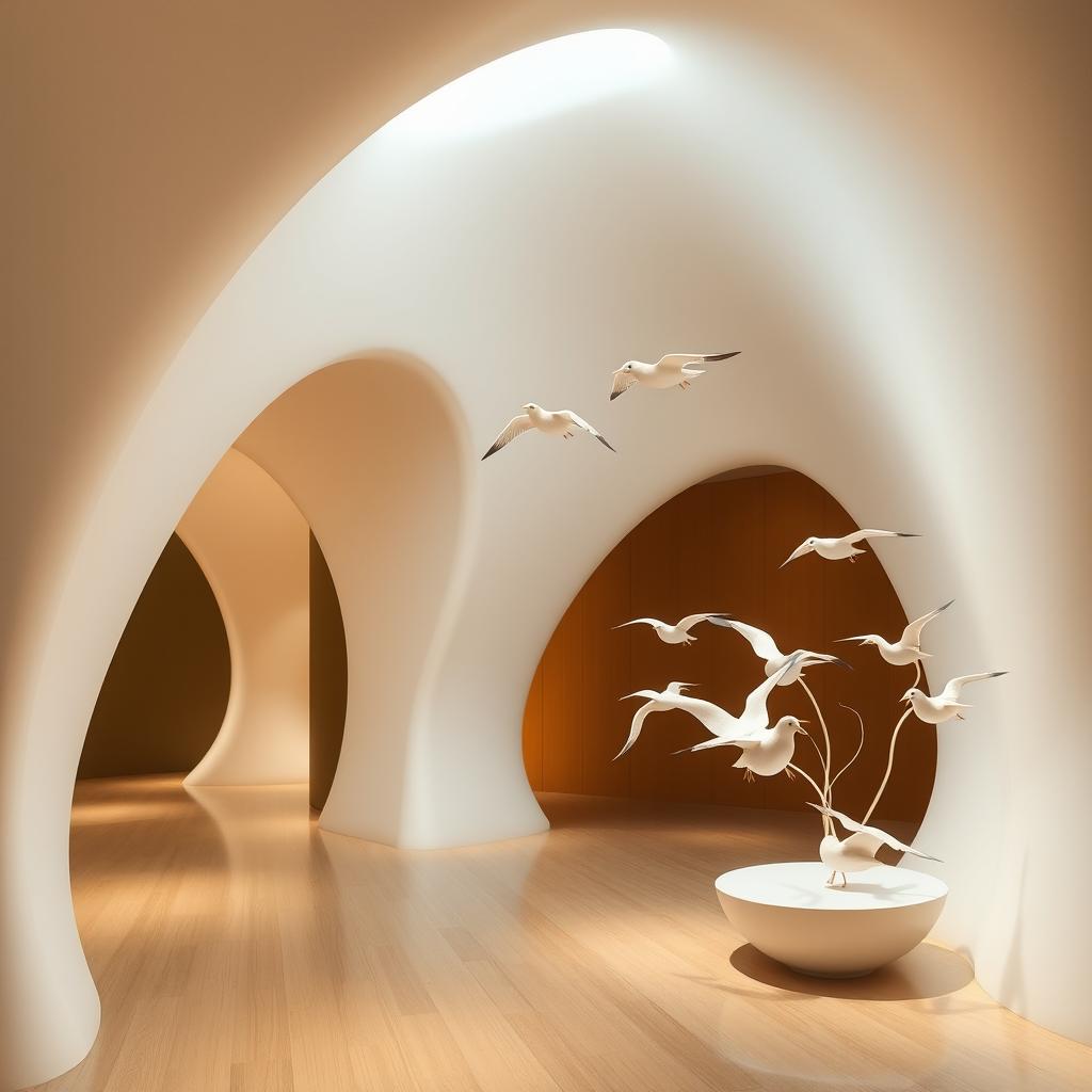 A beautiful and timeless room with a futuristic harmony and a design inspired by Santiago Calatrava, featuring flowing and organic architectural lines