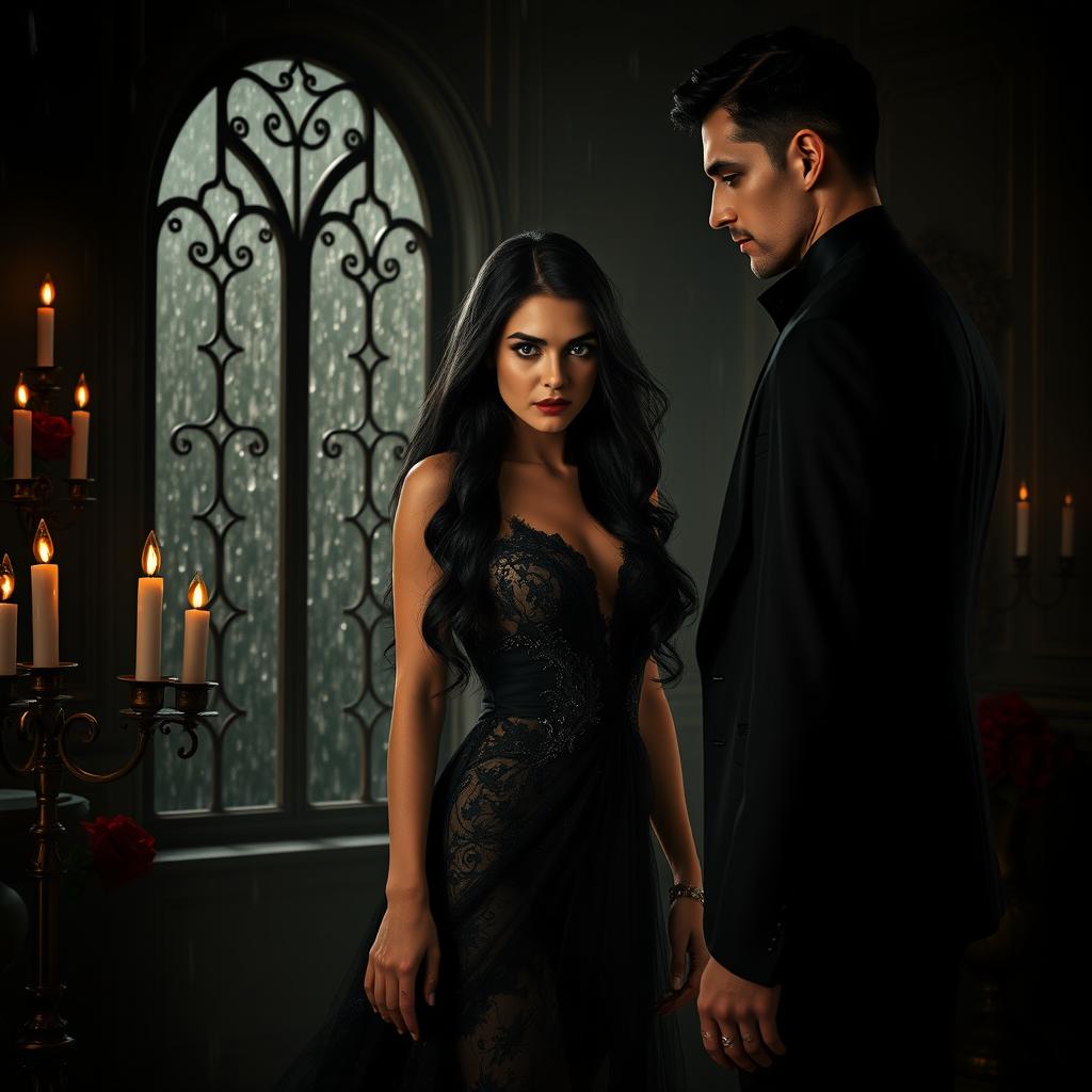 A captivating dark romance scene featuring a beautiful woman with long flowing black hair and piercing green eyes, dressed in an elegant, dark lace gown