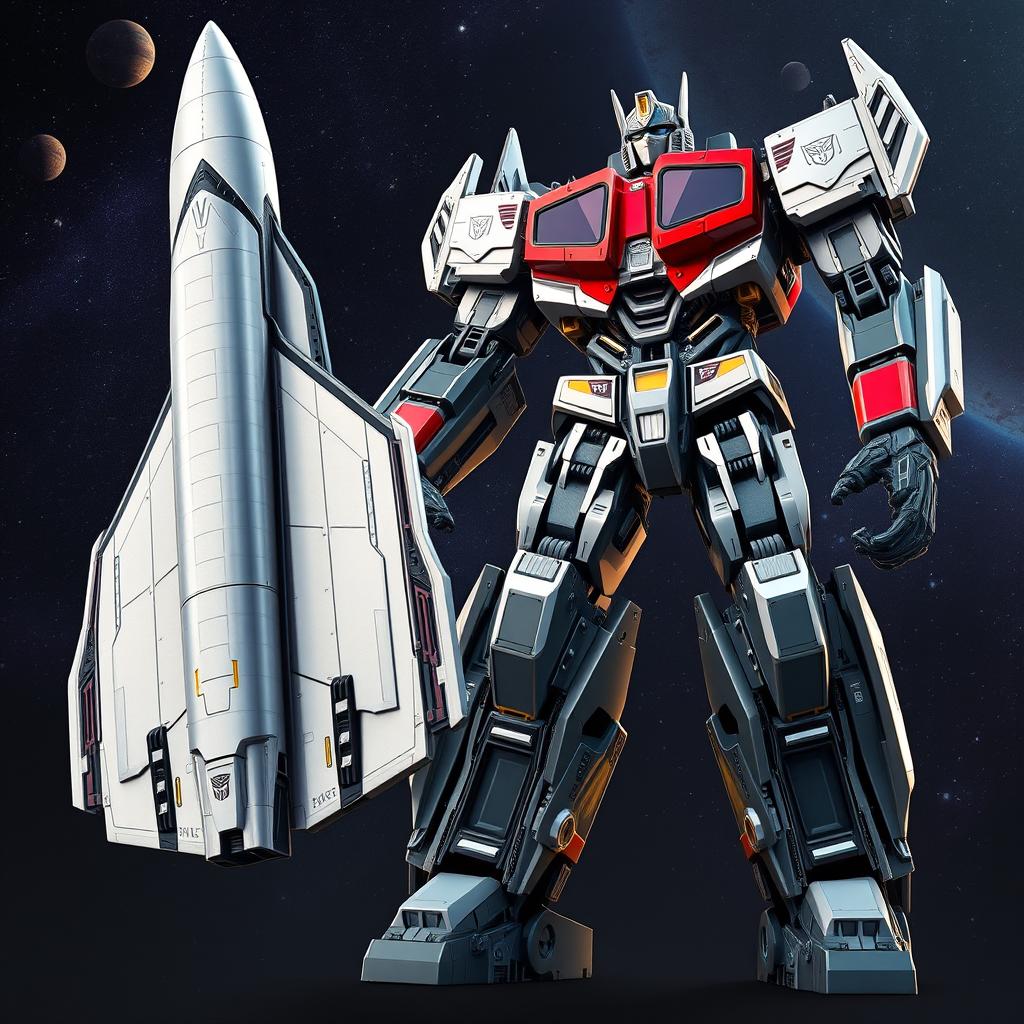 A realistic transformer in the form of a Decepticon, depicted as a futuristic space shuttle that transforms into a towering robotic figure over 35ft tall