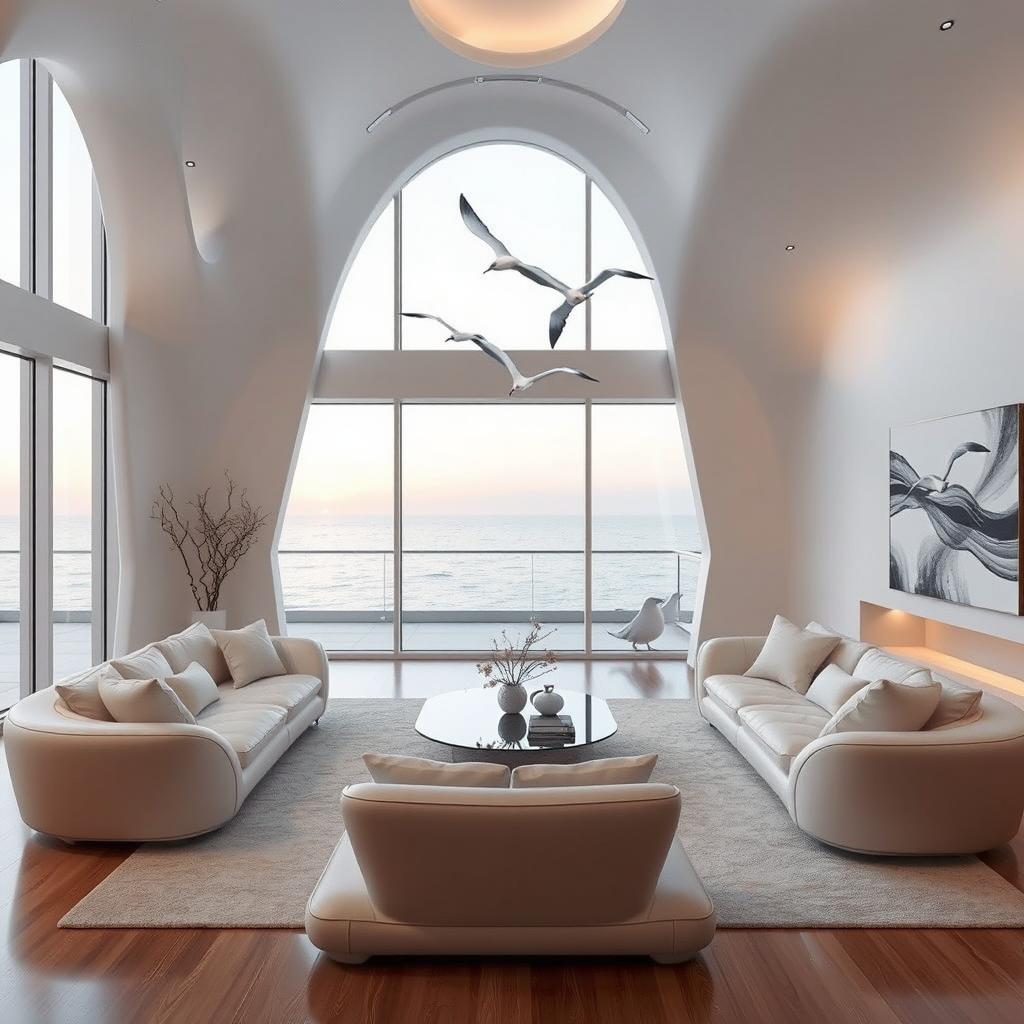 A beautiful and timeless living room featuring futuristic harmony and a design inspired by Santiago Calatrava