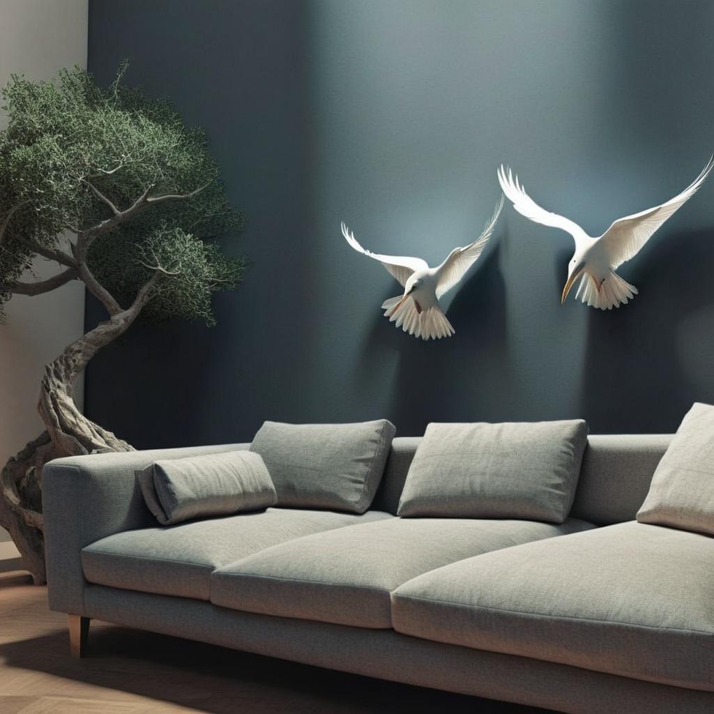 Dame una  sala hermosa y atemporal con una armonía futurista y un corte al estilo calatrava que tenga una obra de arte en una esquina de la sala con unas Gaviotas hechas en lleso delicadas pero no monumental me te hermosas