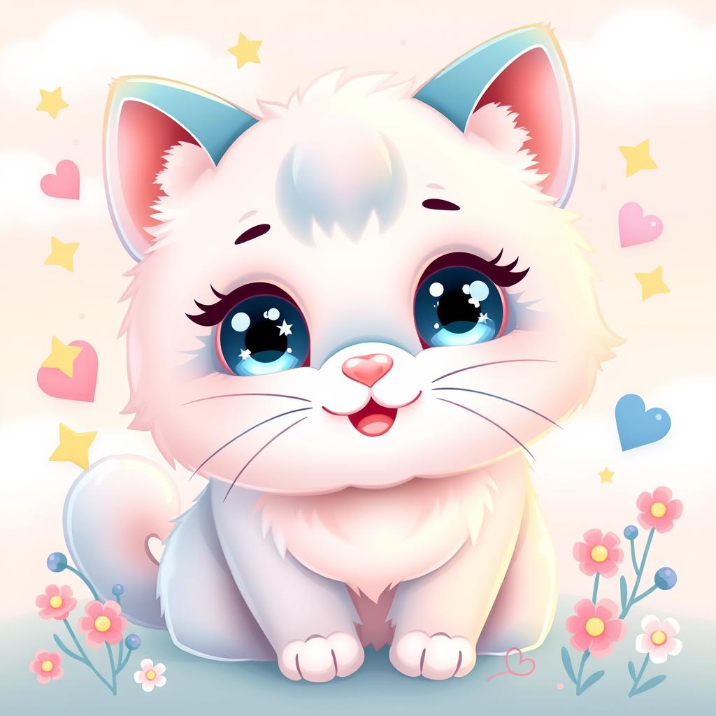 A cute and adorable kawaii-style cat character, featuring big sparkling eyes, tiny whiskers, and a playful expression