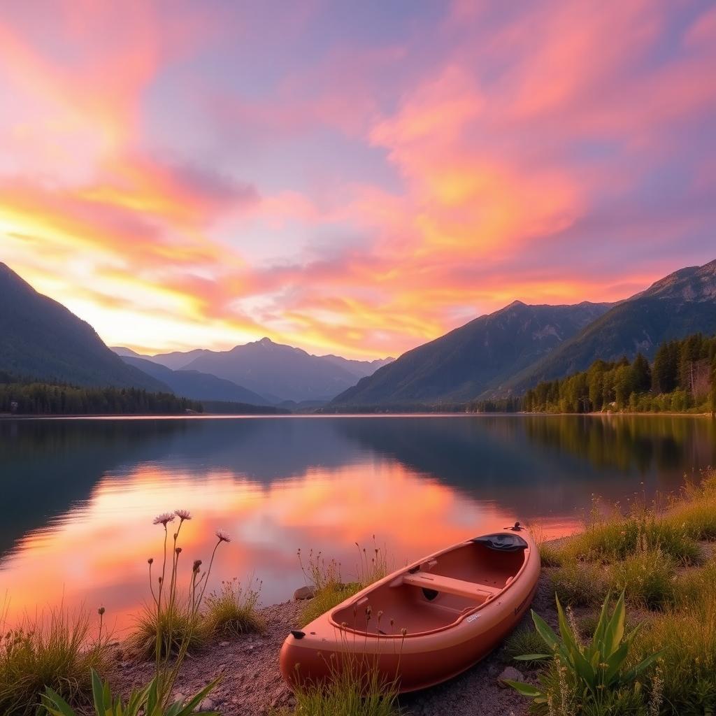 A serene landscape depicting a tranquil lake at sunset, surrounded by majestic mountains