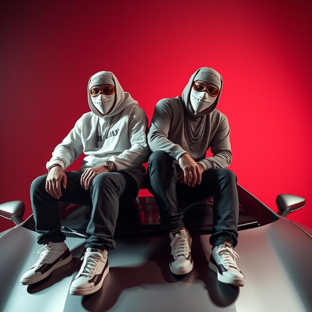 Two young individuals wearing ski masks (pasamontañas) in a stylish rapper outfit, sitting on top of a luxurious car