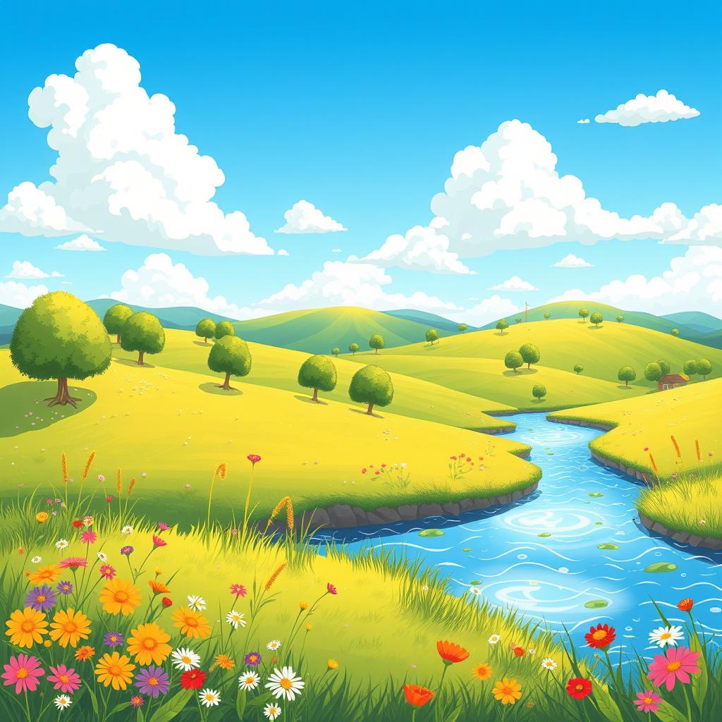 A vibrant cartoon-style illustration of a scenic landscape, featuring a bright blue sky filled with fluffy white clouds