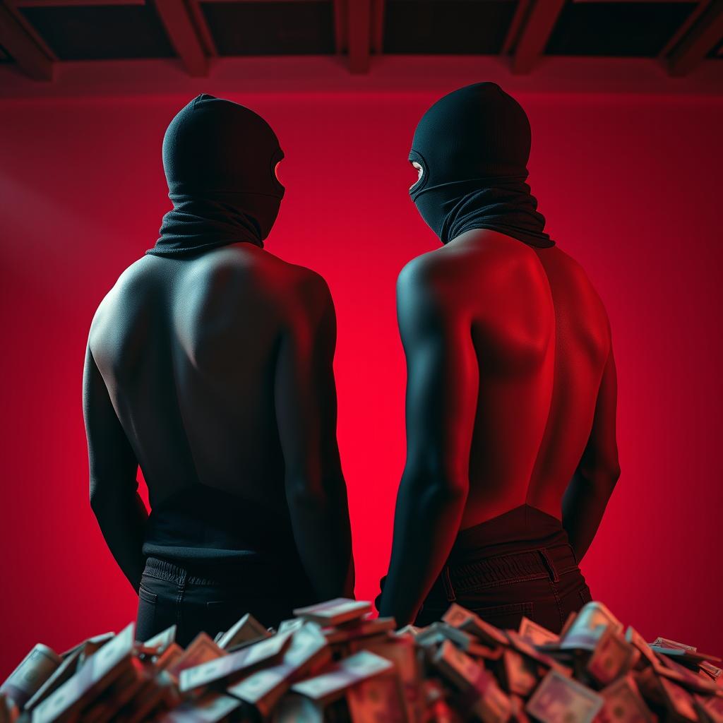 Two slim young men wearing black balaclavas and dressed in black hip-hop style clothing, standing with their backs to the camera, gazing at a mountain of hundred-dollar bills in a dimly lit red studio