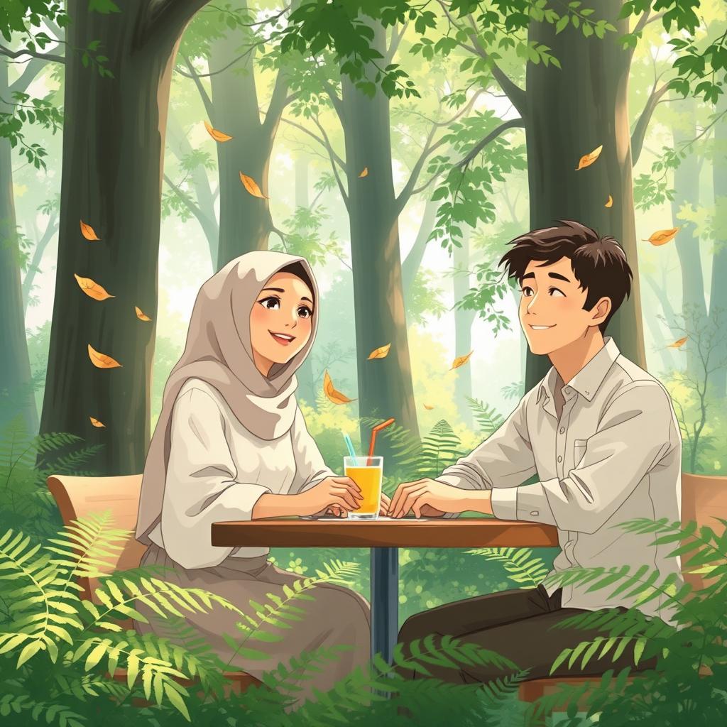 A heartwarming, hand-painted Studio Ghibli–style illustration of a woman wearing a light-colored hijab and a delicately textured white blouse, sitting at an outdoor café table in a lush, green forest setting