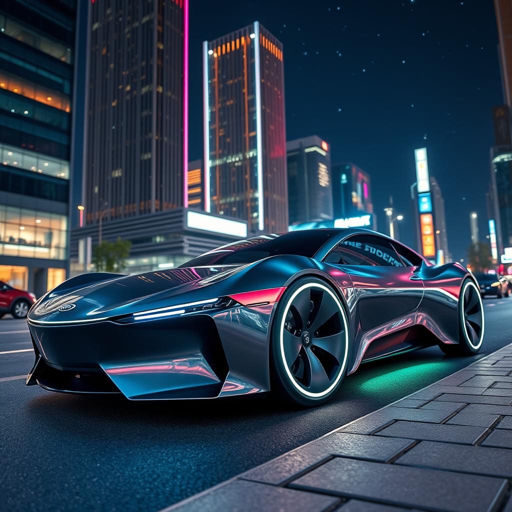 A sleek, futuristic car with a streamlined design, featuring glowing LED accents and a metallic finish