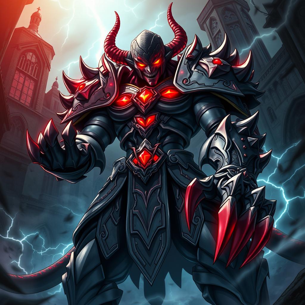 An imposing and sinister character designed in the style of Devil May Cry, featuring exaggerated features and dark, edgy aesthetics