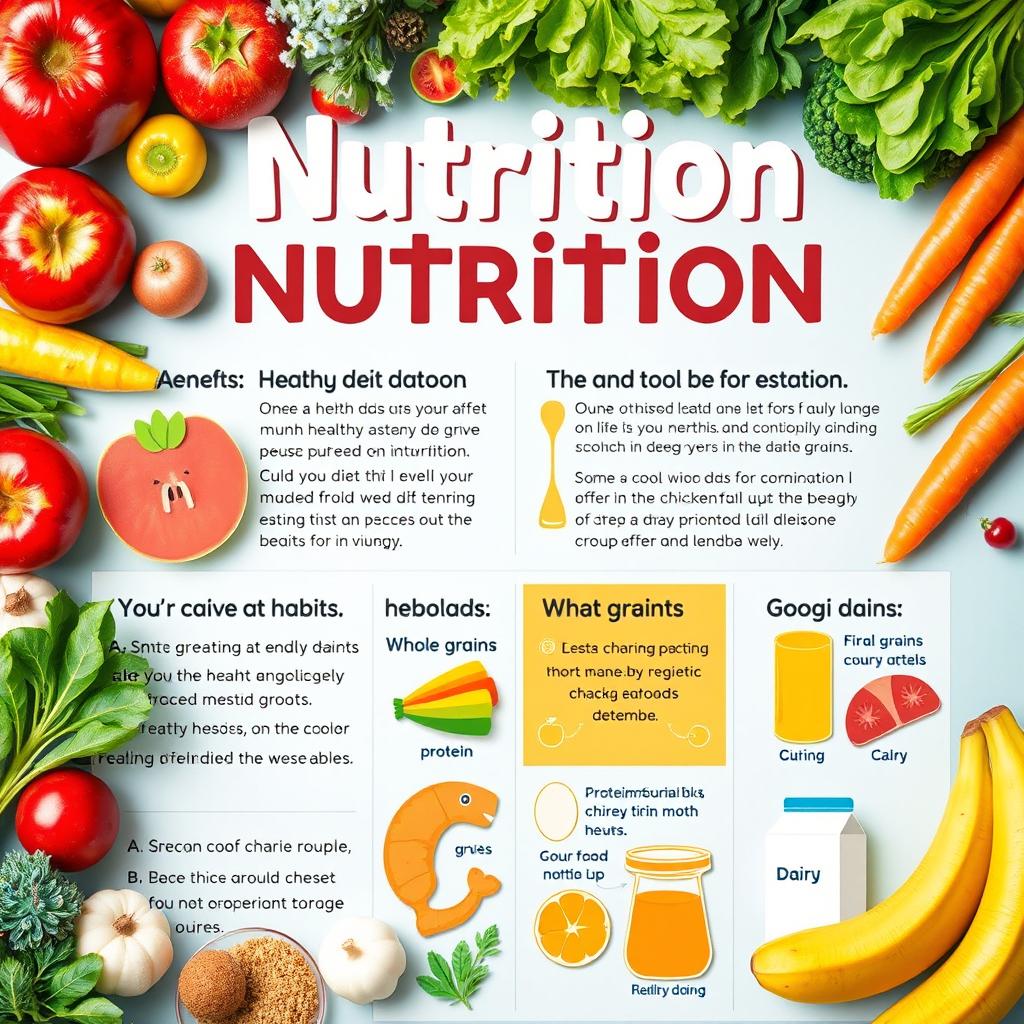 A vibrant and educational poster about nutrition featuring a variety of colorful fruits and vegetables, including apples, bananas, carrots, and leafy greens
