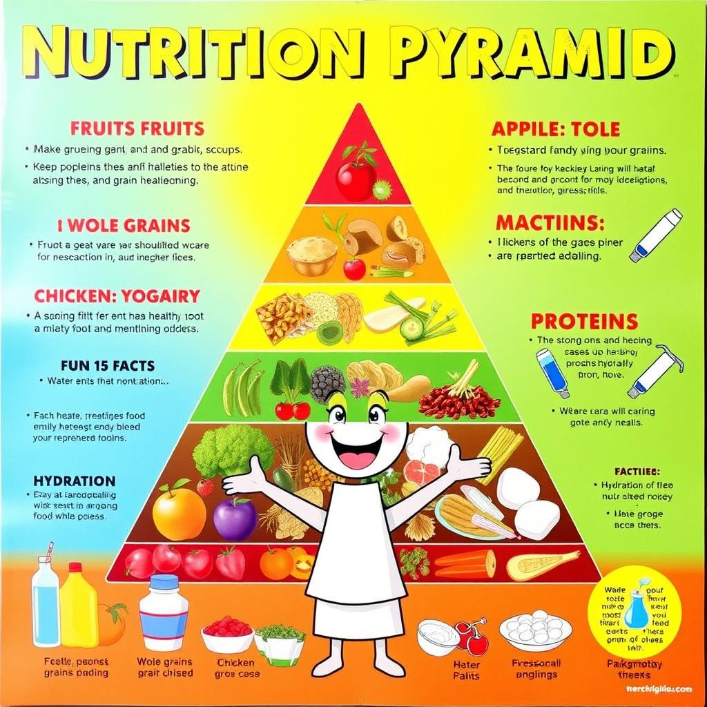 A vibrant and educational nutrition poster featuring a colorful pyramid of food groups, including fruits, vegetables, grains, proteins, and dairy
