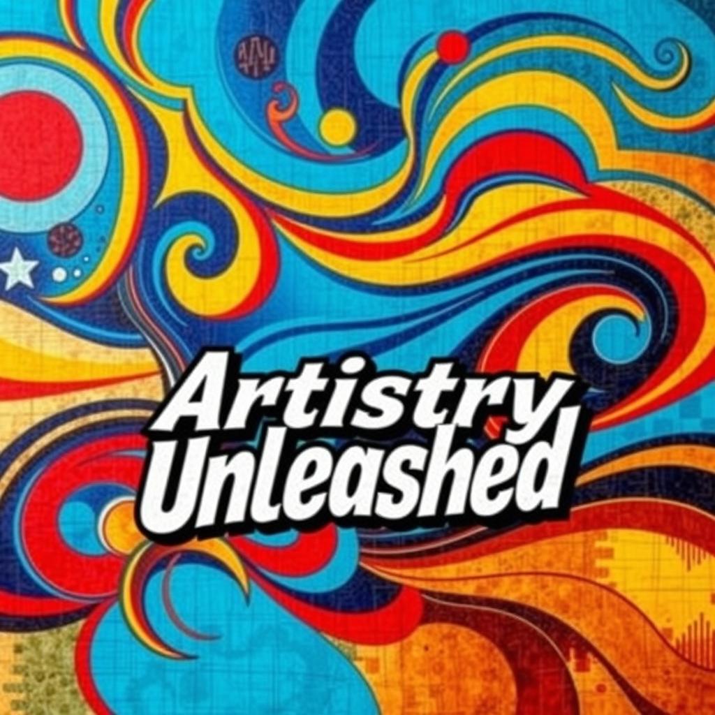 A vibrant and colorful poster featuring an abstract design with swirling shapes and a rich palette of blues, reds, and yellows