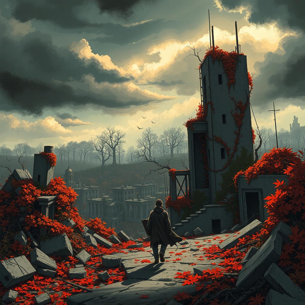A captivating illustration depicting a dystopian landscape during a distinct season, showcasing a dramatic sky filled with dark clouds and hints of sunlight breaking through
