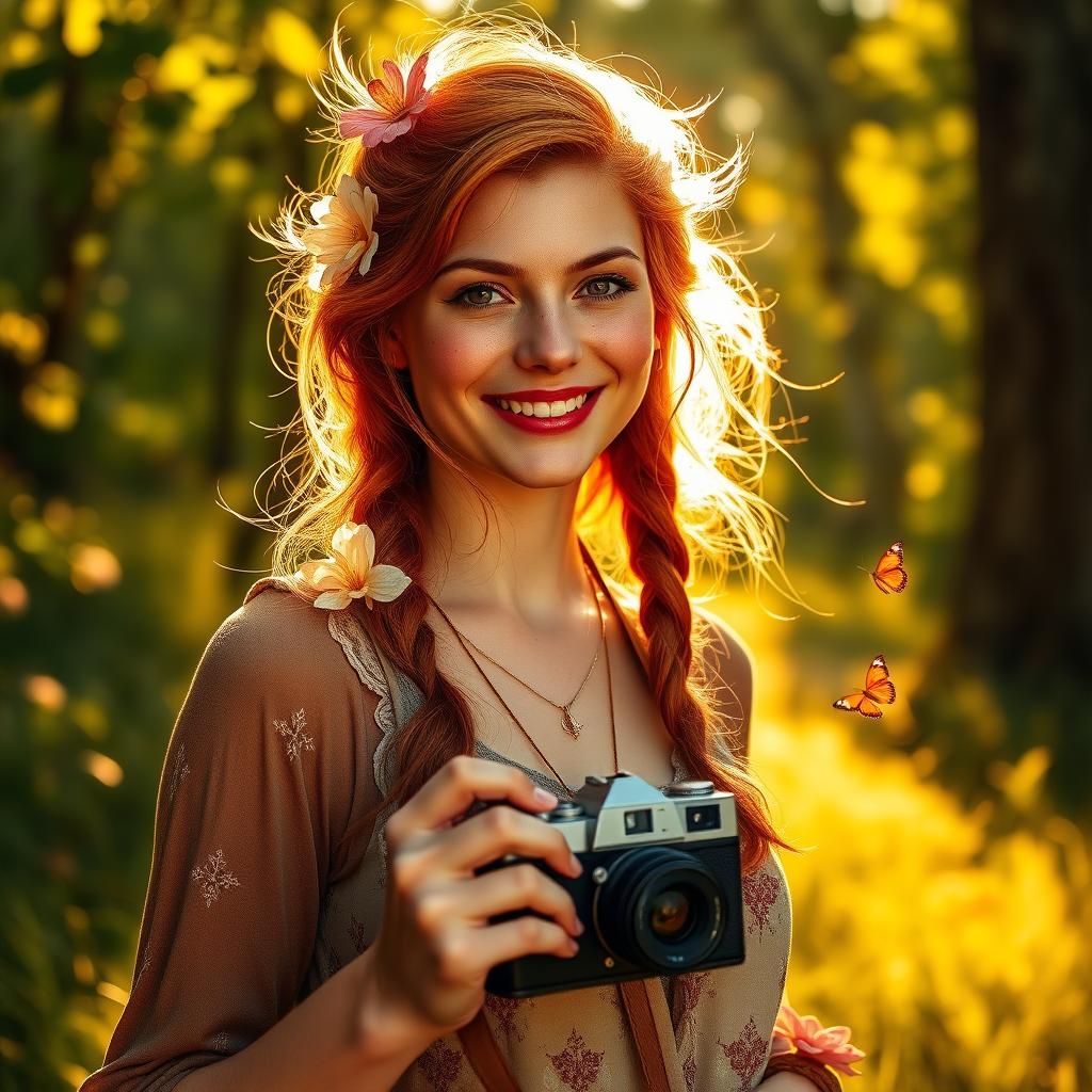 A stunning, realistic portrait of a vibrant red-haired woman in a bohemian-style outfit, standing in a lush green forest during golden hour
