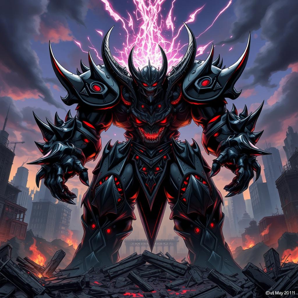 An imposing and formidable boss character, designed in a blend of Devil May Cry aesthetic and manga style