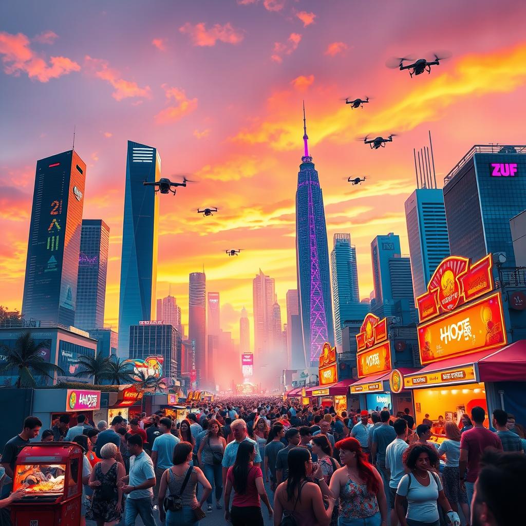 A vibrant and eye-catching poster featuring a futuristic cityscape at sunset