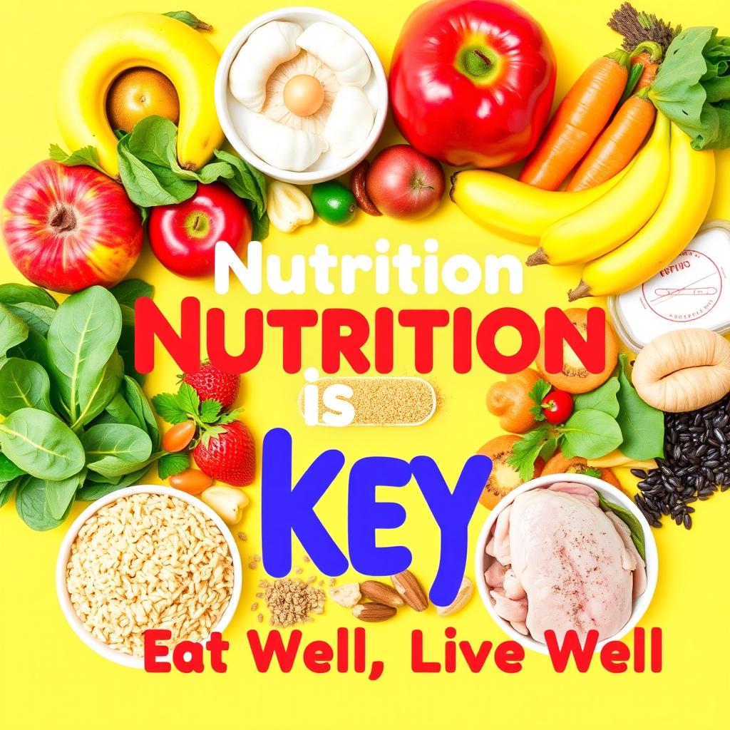 A vibrant and informative poster about nutrition, featuring a variety of colorful fruits and vegetables such as apples, bananas, spinach, and carrots arranged artistically