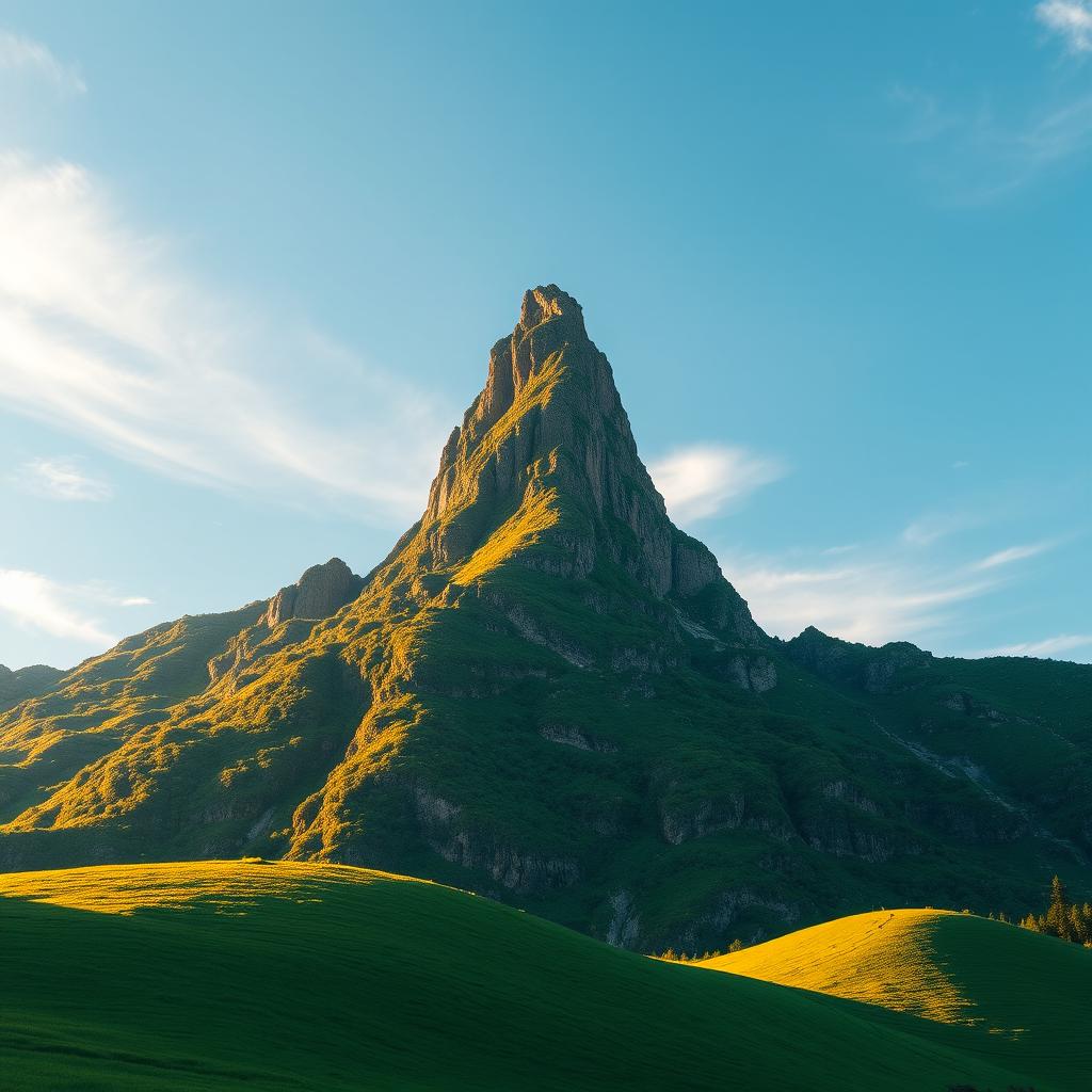 A striking image of a strong and tall green mountain, prominently featuring a single, prominent peak in the center of the composition