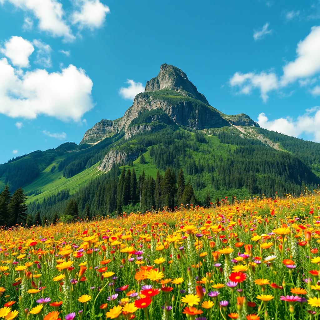 A striking image of a strong and tall green forest mountain featuring a prominent single peak in the center