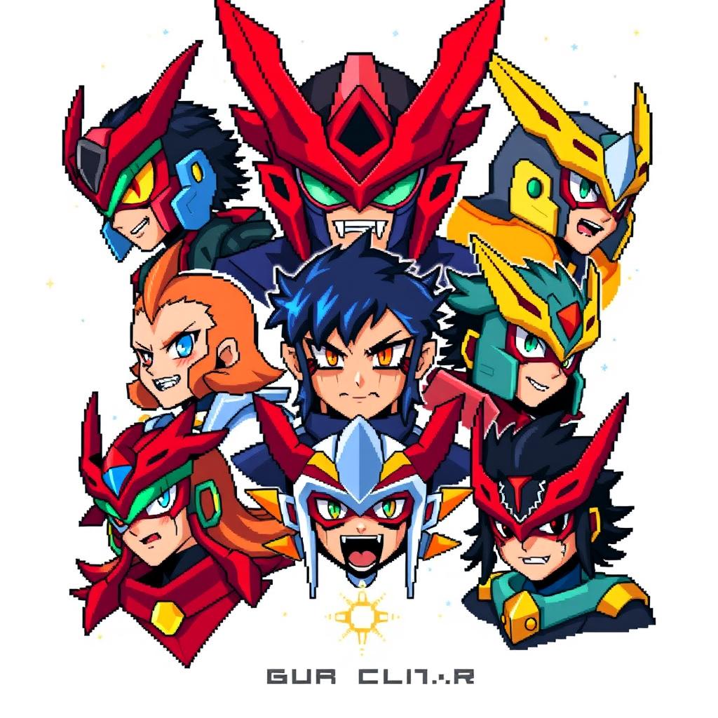 A vibrant collection of pixel art portraits inspired by Gurren Lagann, showcasing various characters in a colorful, sci-fi universe