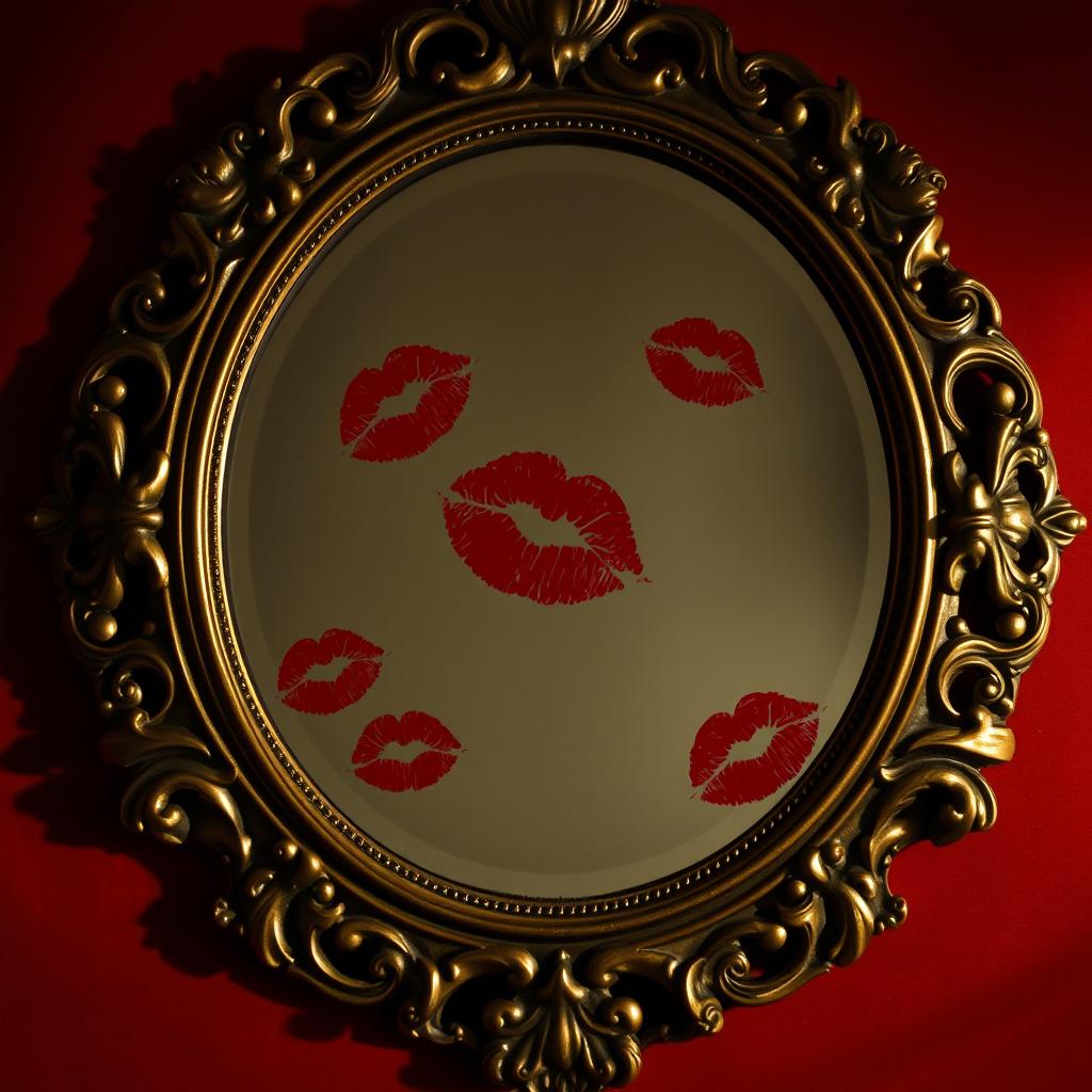 A vintage gilded mirror featuring intricate Baroque-style detailing, its reflective surface adorned with vibrant red lipstick kiss marks