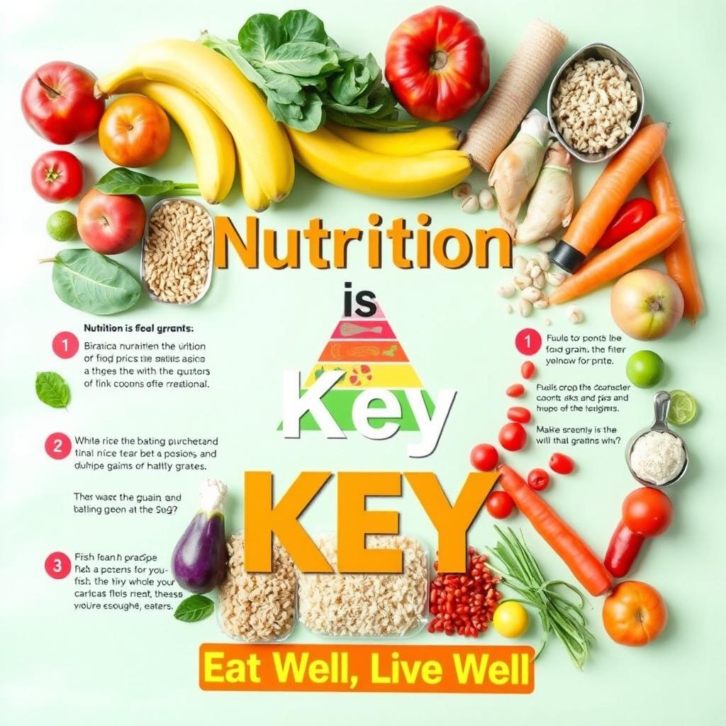 A vibrant and informative poster about nutrition, featuring a variety of colorful fruits and vegetables such as apples, bananas, spinach, and carrots arranged artistically