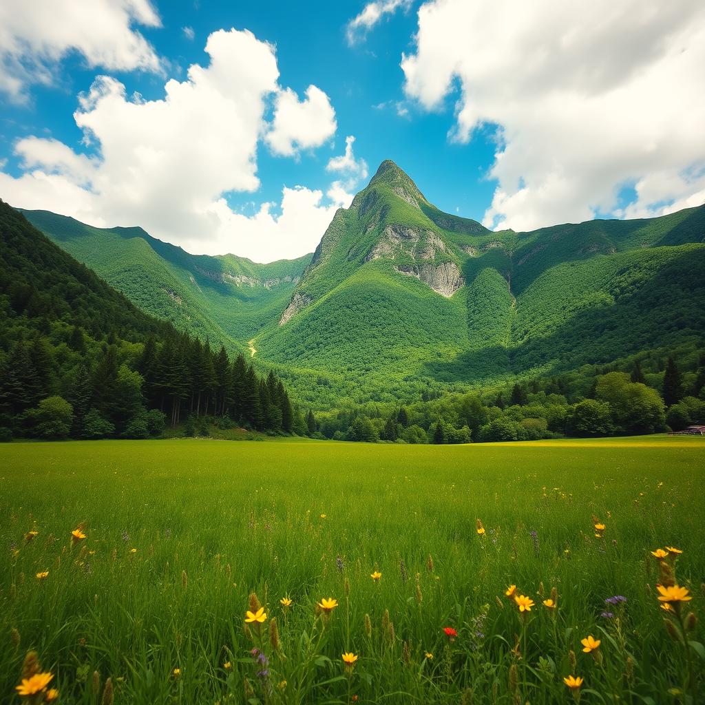 An impressive image of a strong, tall, and wide green mountain, featuring a single peak that dominates the center of the composition