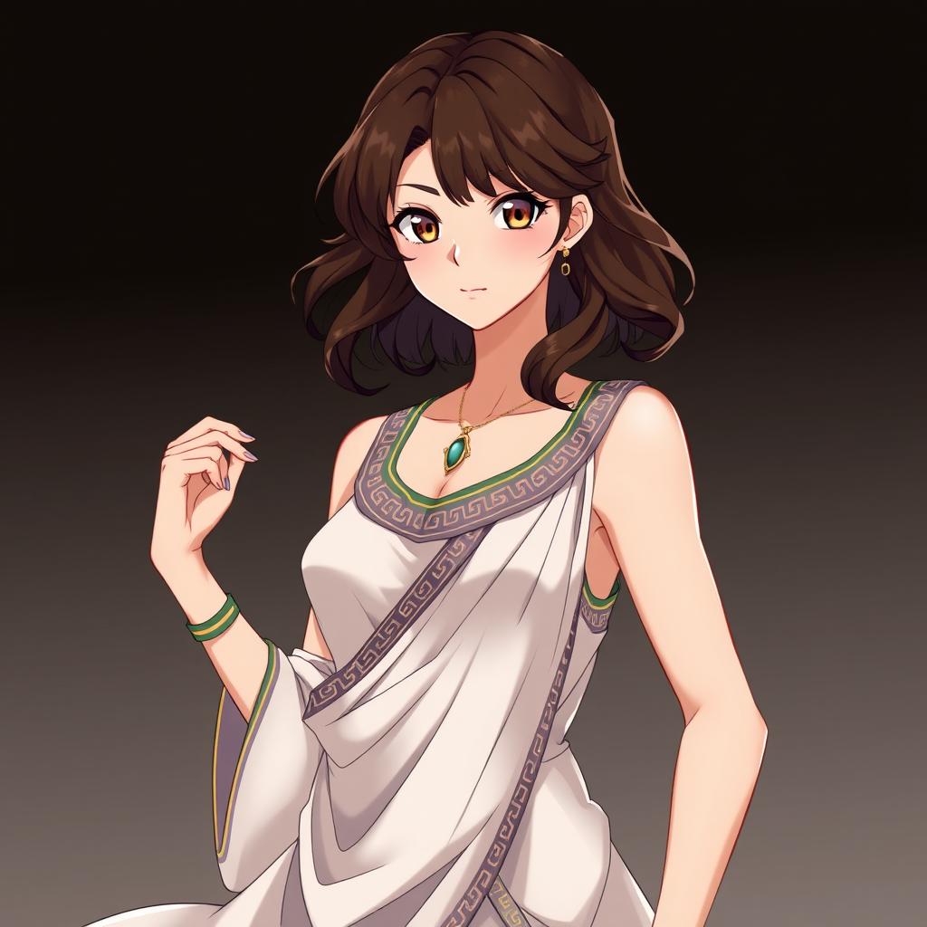 A 21-year-old woman dressed in an Egyptian or Greek style tunic, with wavy shoulder-length chocolate-colored hair and amber eyes, depicted in anime style