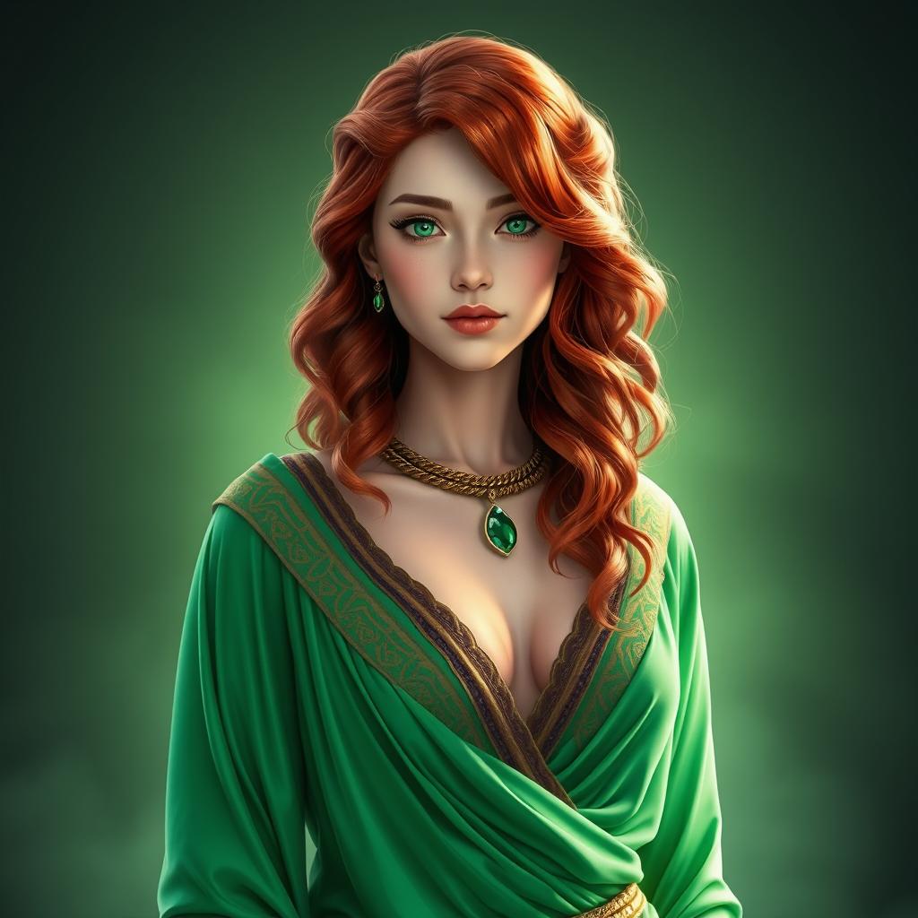 A 21-year-old woman dressed in a vibrant emerald green Greek-Egyptian style tunic, with wavy red hair that has green undertones and striking green eyes