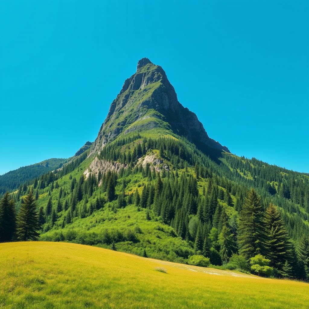 A visually striking poster featuring a tall and wide single peak mountain, majestically covered with a lush green forest that dominates the majority of the image