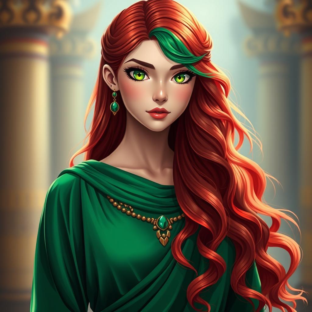 A stunning 21-year-old girl wearing an emerald green Egyptian Greek-style tunic, with long wavy red hair that has green highlights
