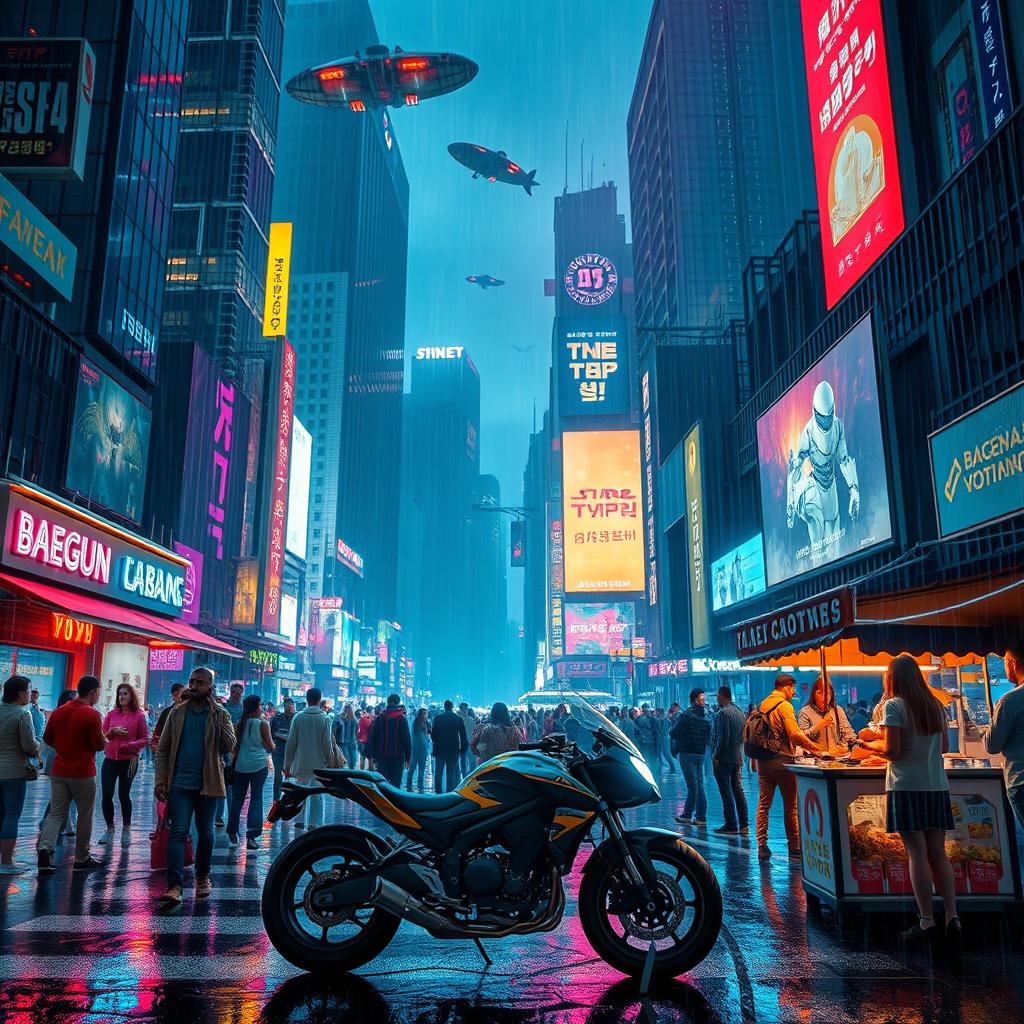 A vibrant and bustling cyberpunk cityscape at night, filled with neon lights, towering skyscrapers, and advanced technology