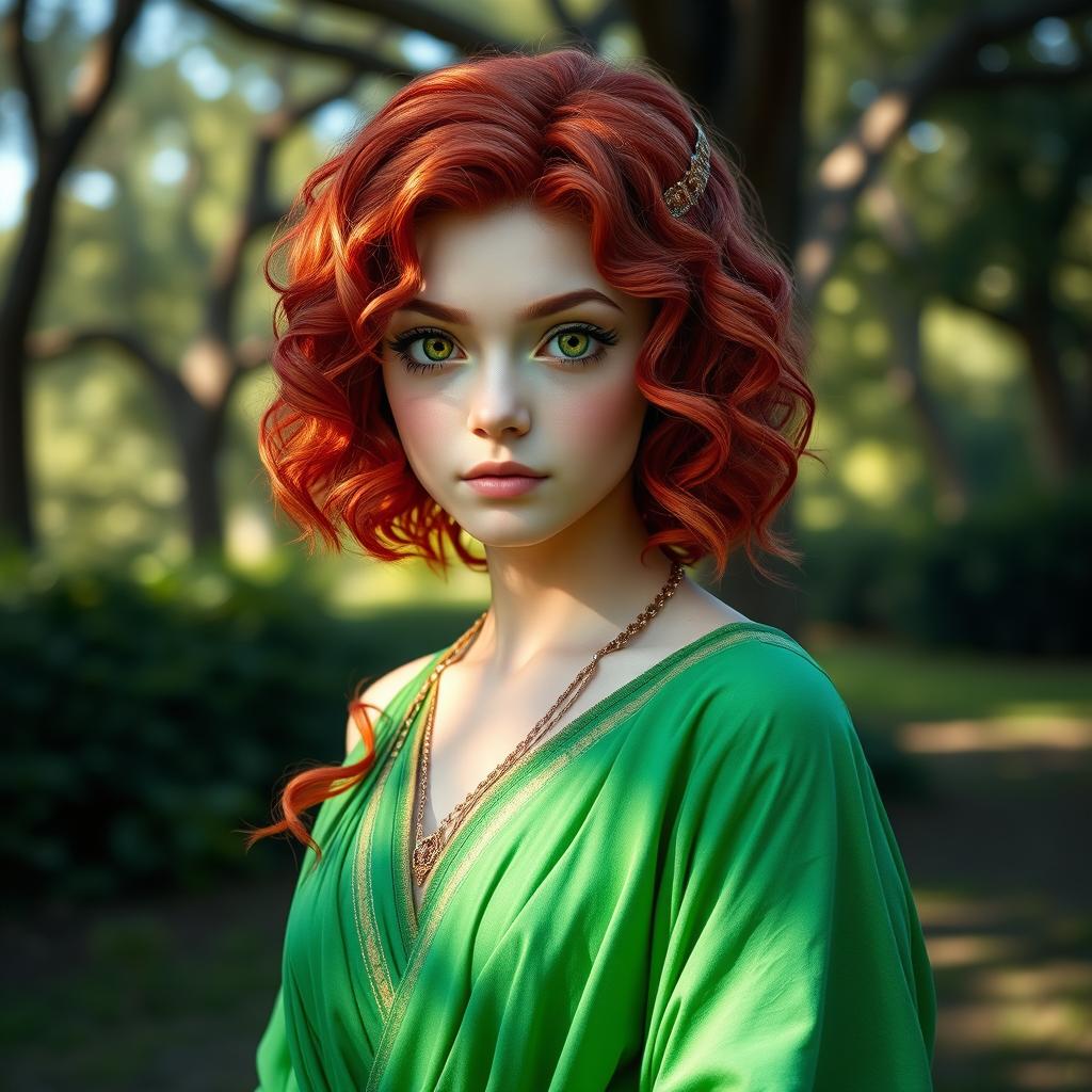 A 21-year-old girl wearing an emerald green Greek-Egyptian tunic, with wavy red hair tinted green, and large, expressive eyes reminiscent of Digimon characters