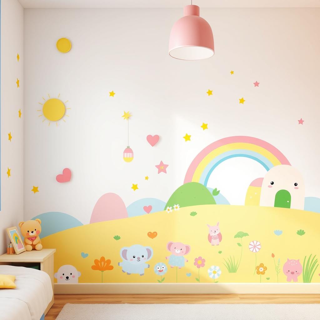 A colorful and playful children's room wall, decorated with cartoon characters, bright geometric shapes, and cheerful patterns