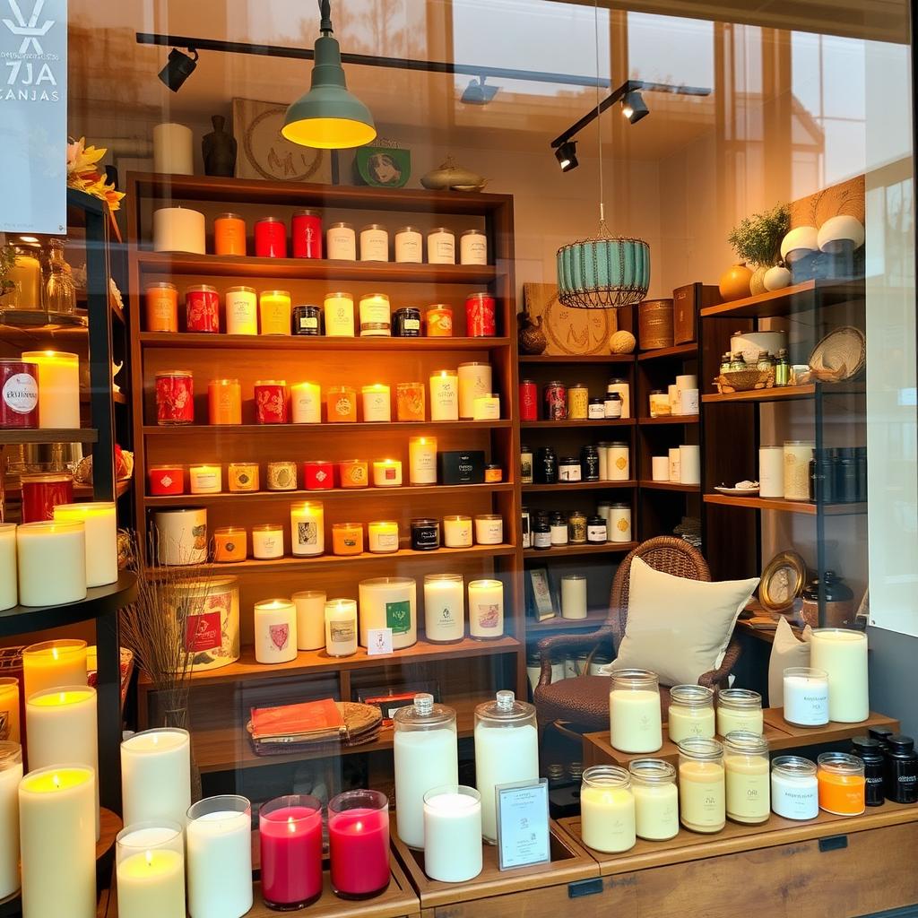 A charming candle boutique located in Ganja city, showcasing an array of beautifully crafted candles in various shapes and sizes