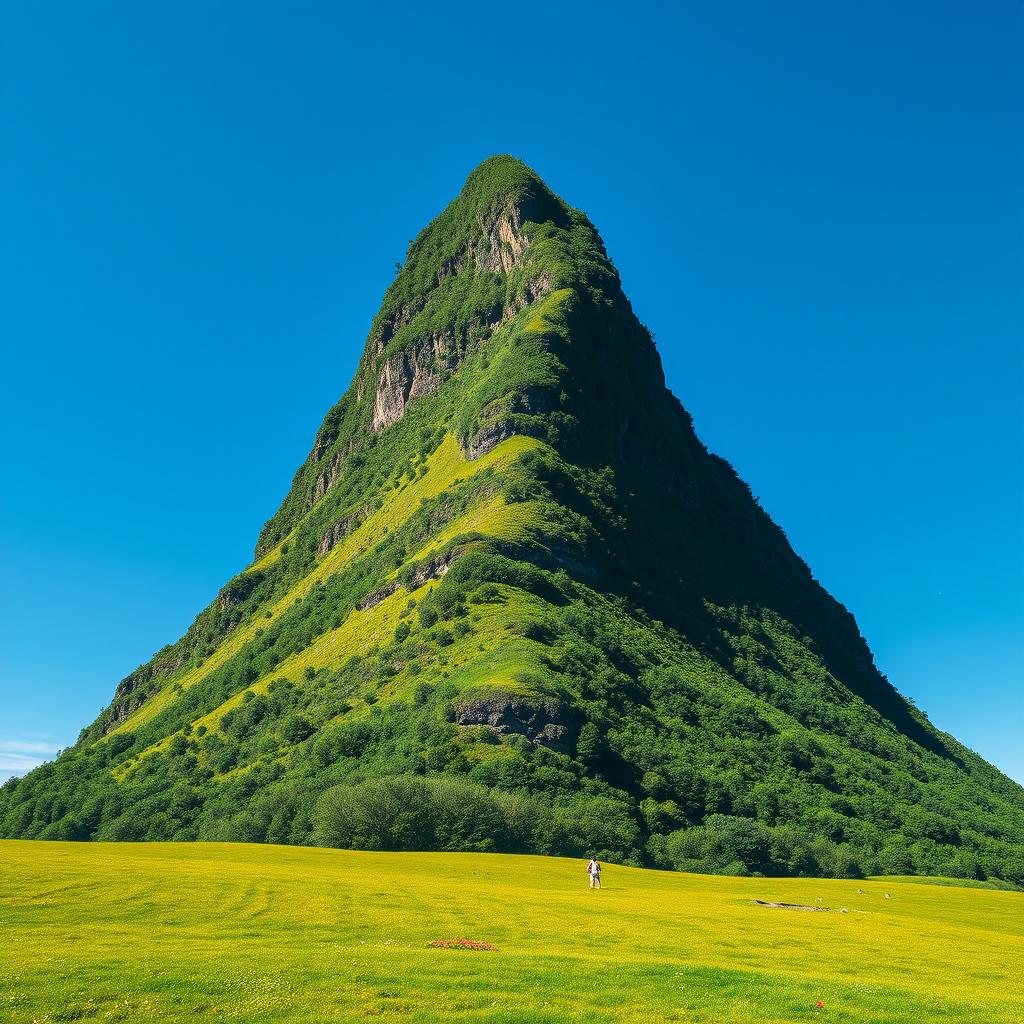 A captivating poster featuring a tall and wide green mountain shaped like a triangle, dominating the majority of the image