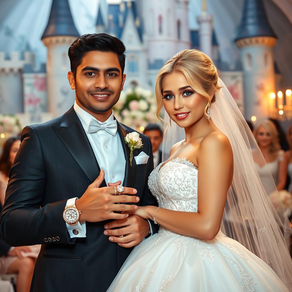 A beautiful wedding scene featuring a mestizo man with black hair, wearing a stylish suit, standing next to his bride, a blonde princess with blue eyes, adorned in an elegant wedding gown