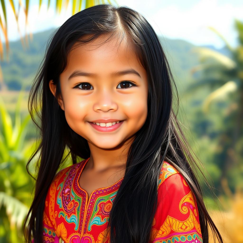 A charming portrait of a young Filipino girl, with delicate features and long, flowing black hair