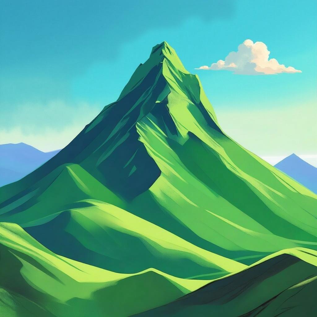 A vibrant green mountain peak with smooth slopes and lush greenery, set against a clear light blue sky
