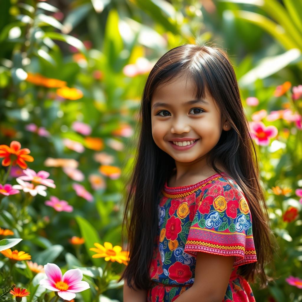 A beautiful young Filipino girl, small in stature, with long black hair and bright, expressive eyes