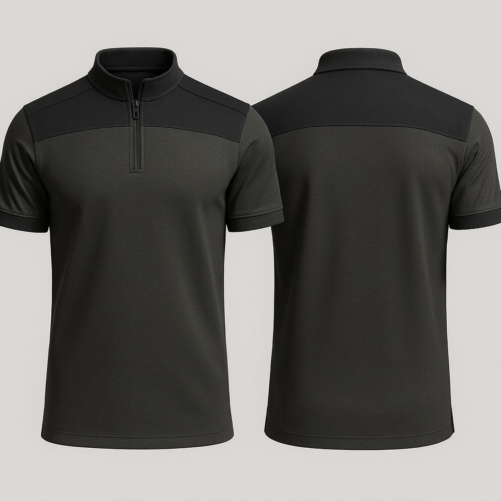 A detailed close-up view of a stylish men's polo shirt featuring a half-zip collar