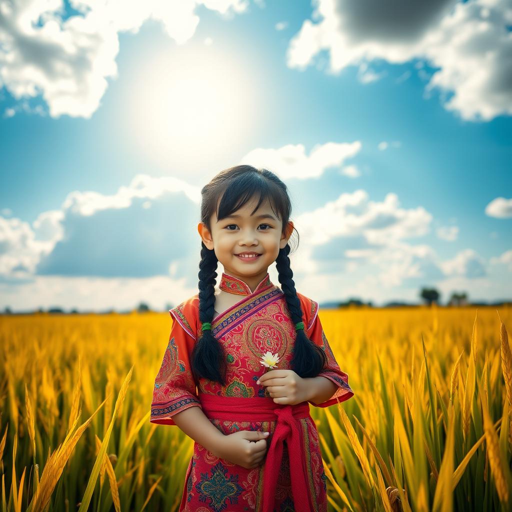 A charming young Thai girl, small in stature, with long black hair styled in braids