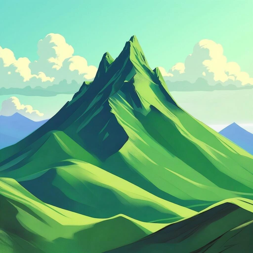 A vibrant green mountain with bold, angular features and smooth contours, rising majestically in the composition
