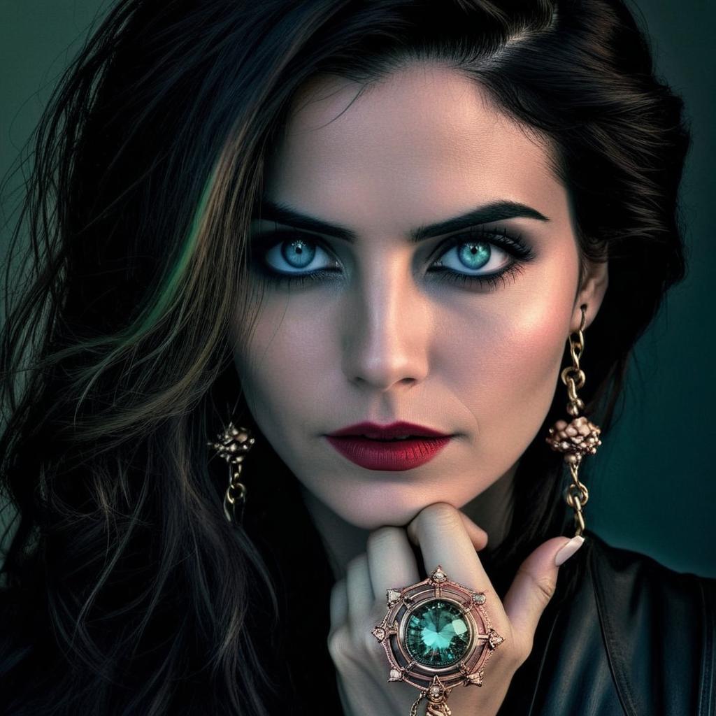Um mulher esbelta com cabelos rosas, olhos verdes. Encarando com determinação