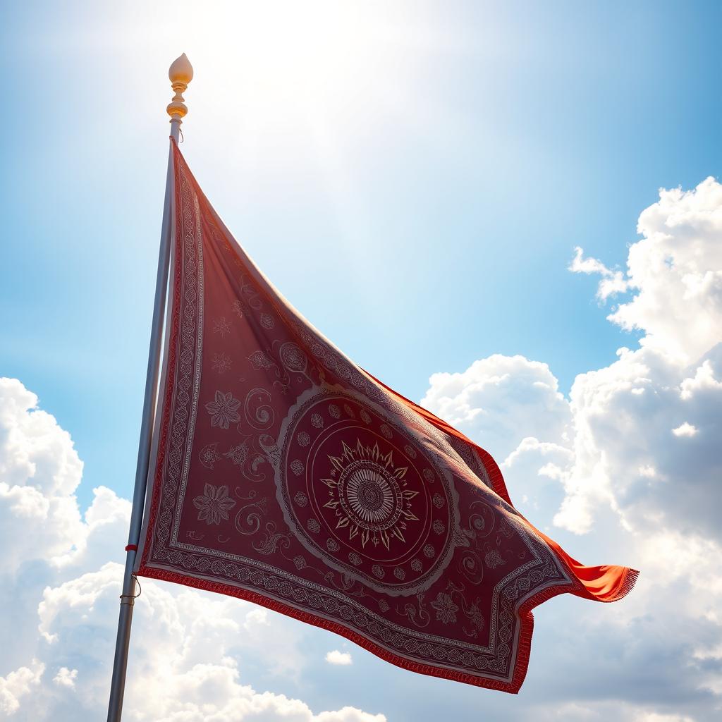 A beautifully rendered flag waving in a gentle breeze, featuring intricate patterns and vibrant colors